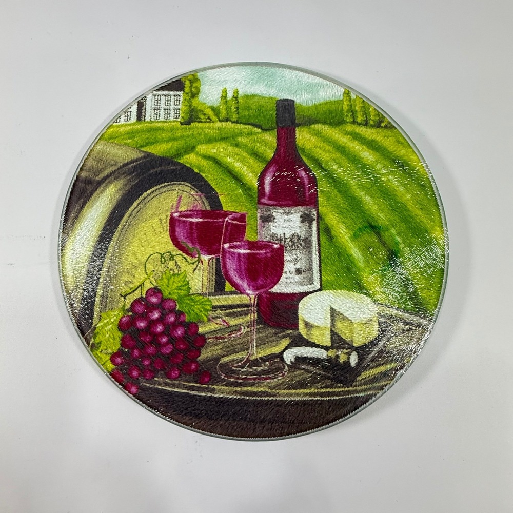 VTG Greenbriar Glass Cutting Board‎ Vineyard Wine Cheese Round Green Kitchen 8in - Picture 2 of 8